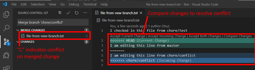 Resolving conflicts in Visual Studio Code