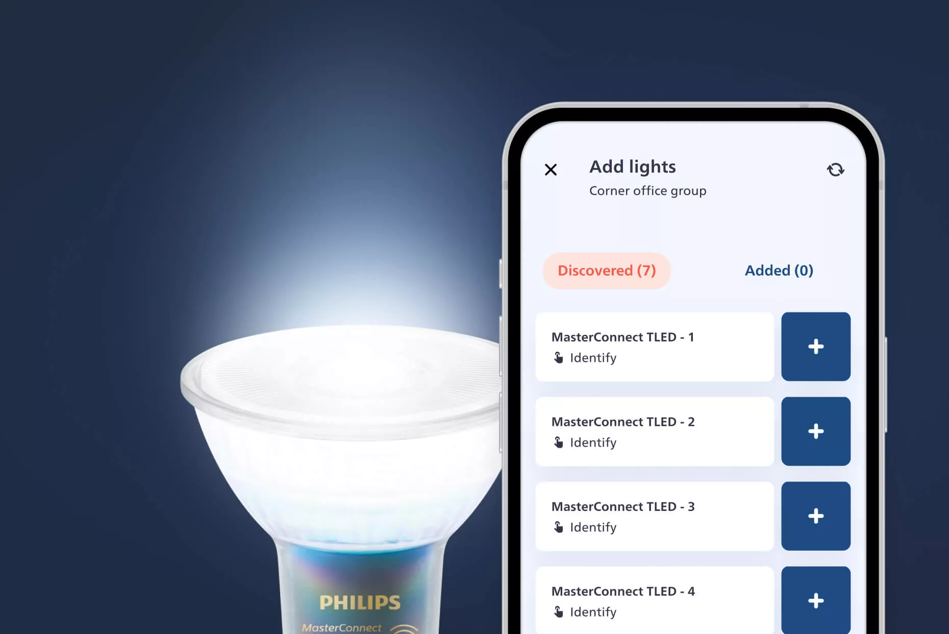 App screen showing discovery and addition of Philips MasterConnect smart lights, highlighting IoT integration.