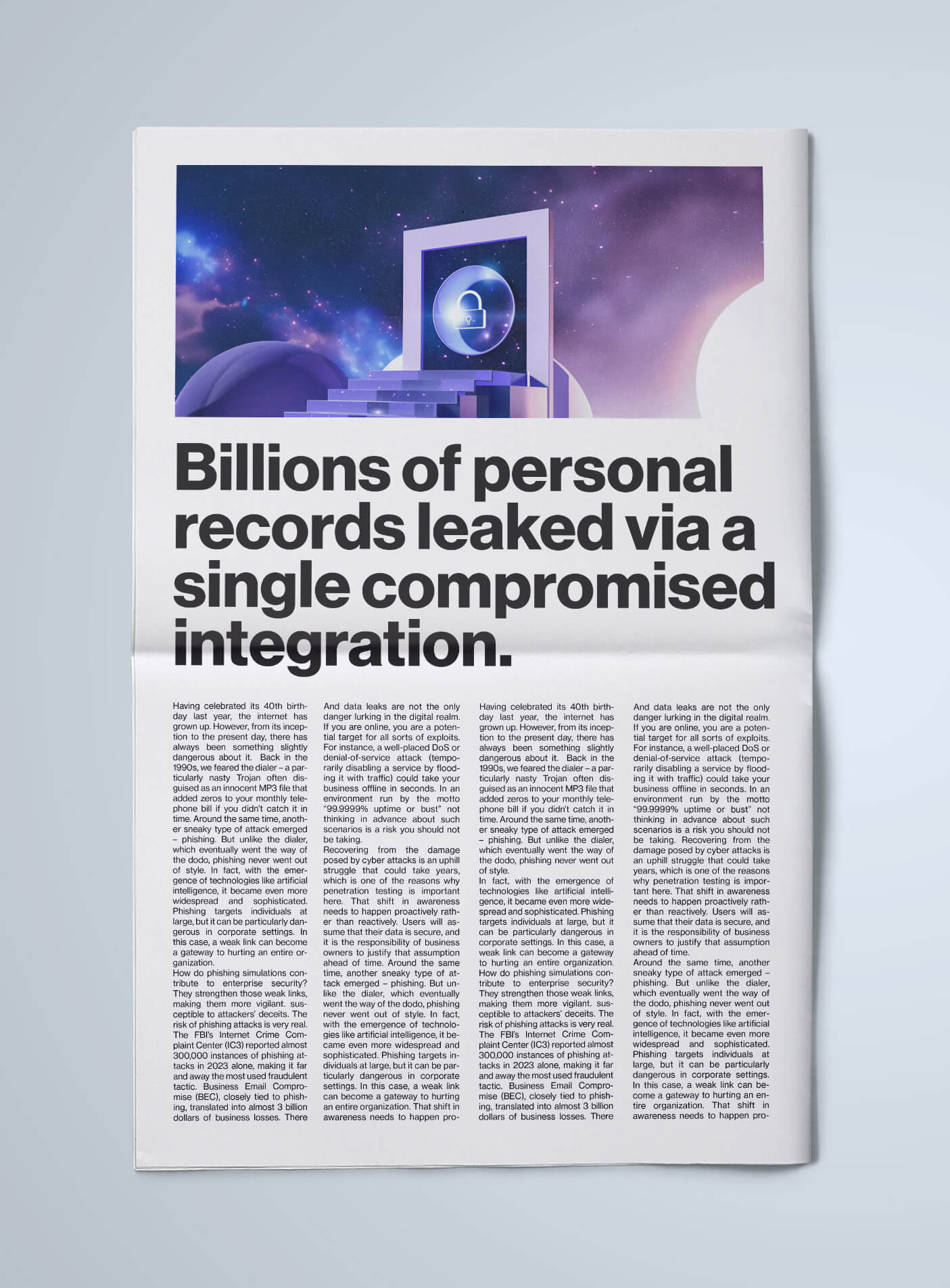 “Front-page–style layout with a futuristic illustration of a glowing lock inside a doorway, above the headline: ‘Billions of personal records leaked via a single compromised integration.’”