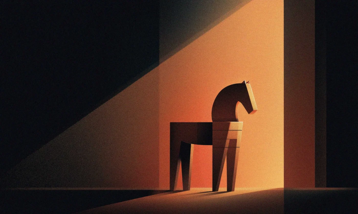 A low-poly wooden Trojan horse standing in shadow, partially illuminated by a diagonal beam of light — a visual metaphor for hidden malware delivered through a trusted package.