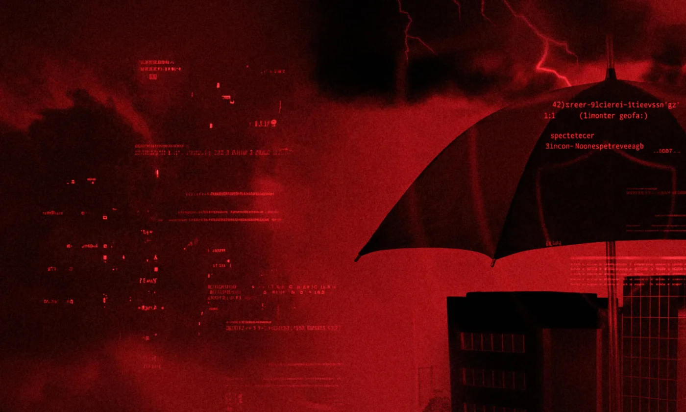 Dark red storm scene with a building silhouette and lightning, overlaid with terminal code text, representing the threat landscape in GRC and cybersecurity risk management